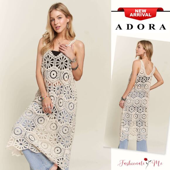 ADORA Sleeveless Casual V-Neck Relaxed Fit Crochet Cover-Up Tunic Top | Beige - Picture 1 of 6